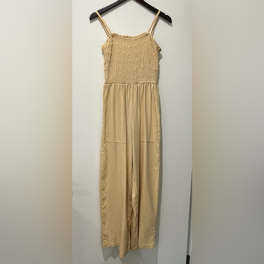 Pale Yellow Cotton Elastic Wide Leg XS Adjustable Straps Jumpsuit Stretchy
